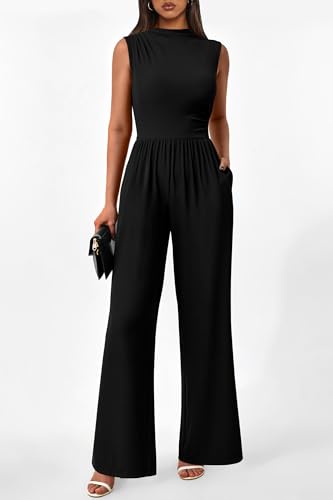 Image of PRETTYGARDEN Women's Summer Dressy Casual Jumpsuits | Cozy Ribbed Fabric, Sleeveless Mock Neck, Back Zipper, Pockets, Wide Leg Pants Rompers, Fashion Clothing, One Piece Outfits