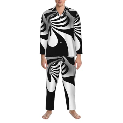 3d Spiral Black And White Mens Pajamas Set Button Down Sleepwear Set Long Sleeve Loungewear With Pockets