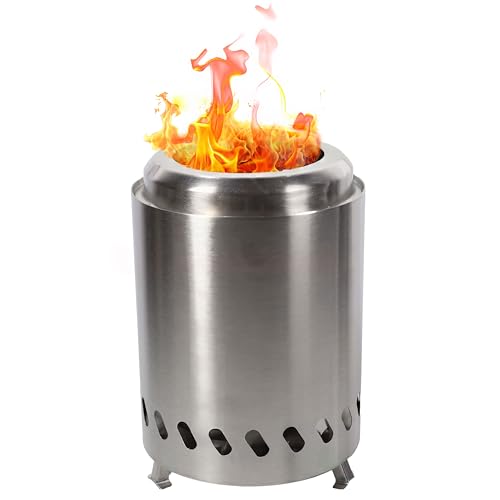 Sunnydaze Tabletop Smokeless Fire Pit with Foldable Legs, Storage Bag, and Poker - Pellet or Wood Burning Portable Fire Pit for Camping - 8-Inch H - Silver