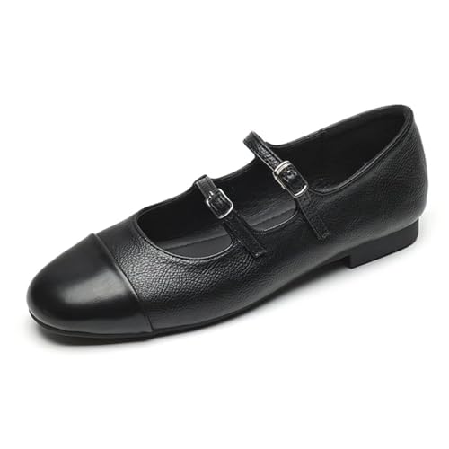 JOEupin Zapatos planos Mary Jane de moda con doble hebilla para mujer, informales, cómodos, con puntera redonda, Negro, 37.5 EU