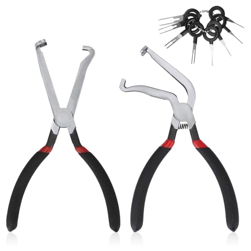 2pcs Electrical Disconnect Connector Pliers for Cars, Curved & Straight Automotive Electric Hose Pliers with 8 Terminal Removal Tool Metal Fuel Line Tools for Push Tab Style Spark Plugs
