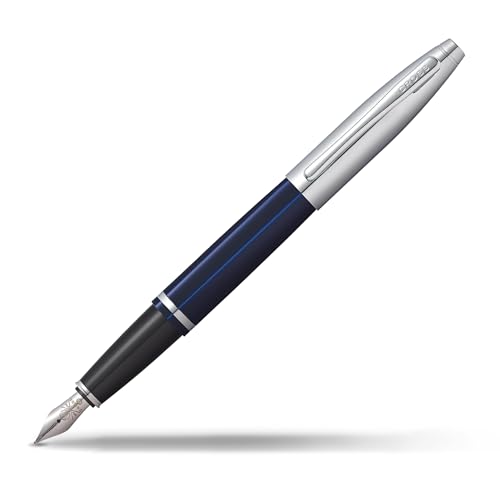 Cross Calais Chrome/Blue Lacquer Fountain Pen with Medium Stainless Steel Nib in Gift Box (AT0016-3MS)