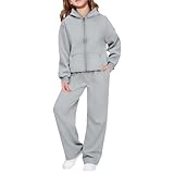 Mjjsk Conjunto deportivo de 2 piezas para niñas, sudadera con cremallera y pantalones deportivos de manga larga con capucha y pantalones deportivos cómodos, Z11-gris, 11-12 años