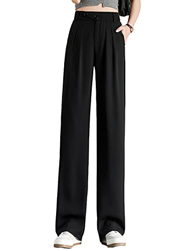 LifeShe Women's High Waisted Pockets Work Office Pleated Wide Leg Pants, Black, M