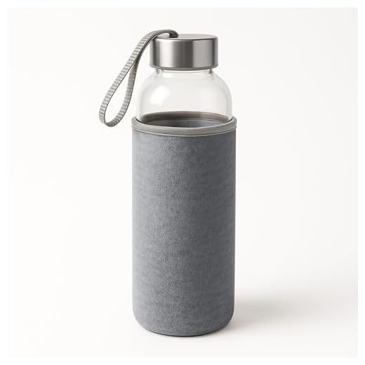 TIENDA EURASIA – Botella Agua | Cristal y Acero Inoxidable | Funda de Neopreno | Capacidad 420 ml | Tapón de Seguridad de Rosca y Cinta de Seguridad | Medidas 6.4 Ø x 19 cm | Libre de BPA (Gris)