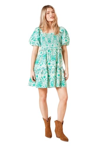 Image of Dorothy Perkins Green Palm Shirred Bodice Mini Dress, 16, Green