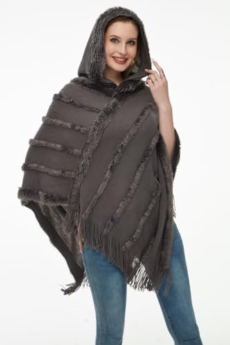 Ferand Ponchos for Women, Fuzzy Knitted Shawl with Fringe, Cozy and Striped Poncho Sweater for Fall and Winter4