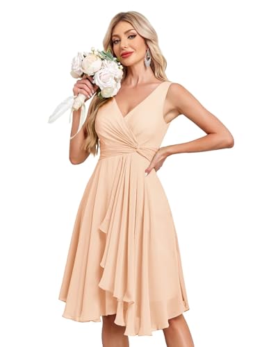 Image of Women's V Neck Short Bridesmaid Dresses 2025 Ruched Waist A Line Chiffon Formal Cocktail Party Dress