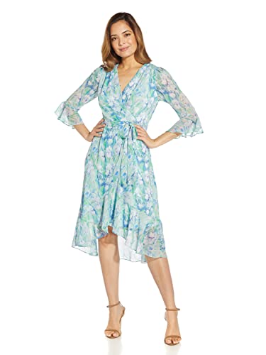 Adrianna-Papell-Womens-Printed-Chiffon-Short-Dress-with-Three-Quarter-Bell-Sleeves