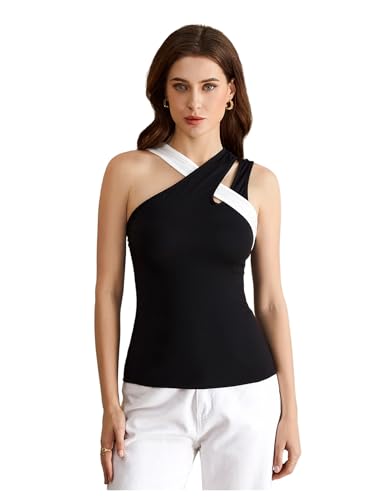 Women's Criss Cross Colorblock Tank Tops Asymmetrical Neck Sleeveless Cut Out Fitted Tops