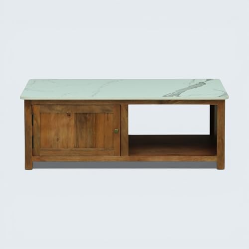 Image of Solid Wood Madrid Centre Table with Premium Sintered Stone Top for Living Room | Wooden Coffee Table | Dark Teak Finish | 110 x 60 x 40 cm