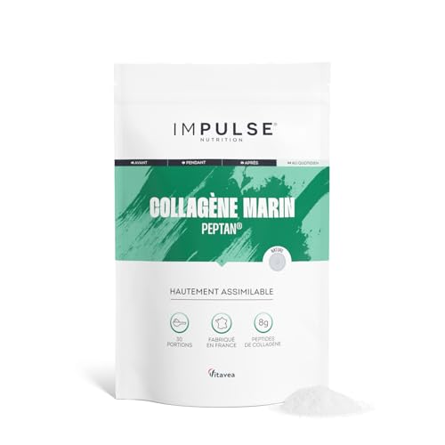 Impulse Nutrition - Collagène Marin Hydrolysé Type 1 Peptan® en Poudre avec Vitamine C - Complément Alimentaire Récupération, Articulations & Peau - 270g - Goût neutre - Fabriqué en France