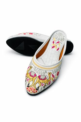 Image of Women's Ethnic Embroidered Jutti | Off-White Traditional Slip-On Mojari with Camel Motif Embroidery | Comfortable Ethnic Wear