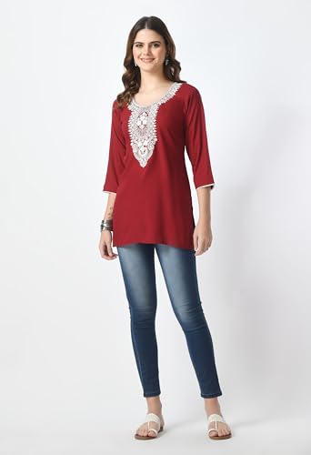 Image of LIBOZA Short Kurti for Women - Lakhnowi Chikankari Embroidered Ladies Kurta, Stylish Girls Top, Ethnic Half Kurtas, Tunic Design Woman Kurtis