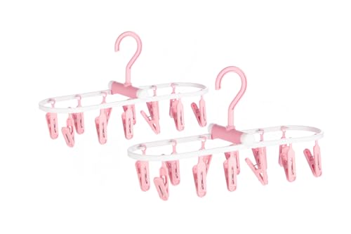 Image of Cloth Drying Hanger 12 Clips,360 Degree Portable and Foldable Clips,Baby Clothes, Clothes Drying Stand,Indoor Clothes, Space Saving, Travel Safe (Pink Pack of 2)