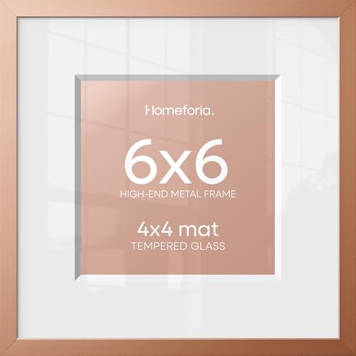 Image of Homeforia 6x6 Rose Picture Frame, High-End Metal, 4x4 Mat, Glass | High End Aluminum, Tempered Glass, Acid-Free 4x4 Removable Mat, 6x6 in Edge-to-Edge Display 6x6, Wall Kit, Set Of 1