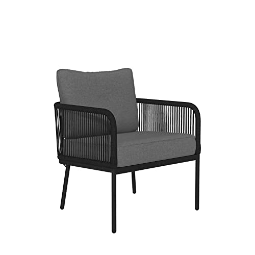 Image of DEVOKO Outdoor and Indoor 4 Seater Sofa with Center Table Wooden Top and Cushion Rope Chairs Set for Garden, Balcony (Black and Grey)
