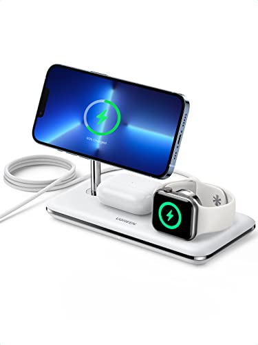 UGREEN 3 in 1 ワイヤレス充電器 MagSafe公式認証 Apple Watch 充電器 最大15W急速充電 3台同時充電可能 スタンド型ワイヤレス充電器 iPhone 14/13/ 12/ mini /Pro / Pro Max / Apple Watch 7/6/5/4/3/2/1/SE, AirPods Pro/3/2/1 対応 ワイヤレスチャージ 充電ドック 横向き 縦向きで充電可能 Qi認証 MFI認証済み