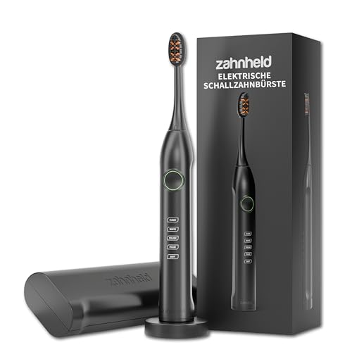 Zahnheld Gero G3 elektrische Schallzahnbürste zur Zahnreinigung & Zahnpflege - elektrische Zahnbürste inkl. Bürstenkopf & Reiseetui - lange Akkulaufzeit 5 Putzmodi Andrucksensor & Timer - schwarz