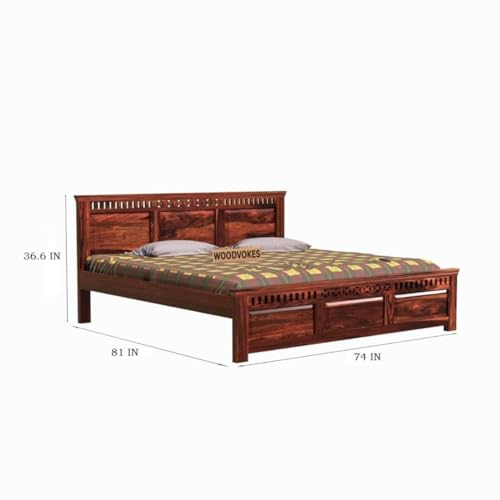 Image of Sheesham Wood King Size Bed Without Storage Solid Wooden Cot Bed Elegant and Functional Bedroom Living Room Home (Dark Natural, King)