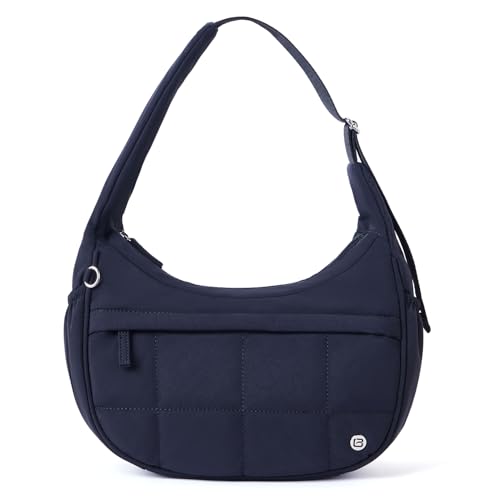 POIUGOYA Nylon Shoulder Bag For Women,Small Quilted Crescent Bag,Triple Zip Pocket Small Puffer Bag For Travel/Fitness