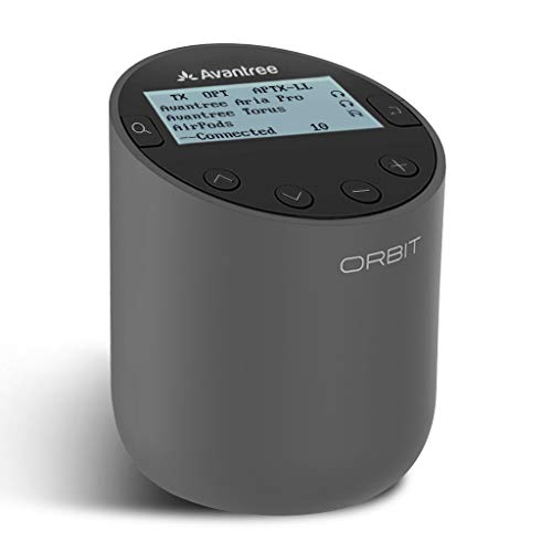 Avantree Orbit Nadajnik audio Bluetooth 5.0 do telewizora z obsługą dźwięku przestrzennego 5.1, długi zasięg klasy 1, wyświetlacz LED, podwójne łącze, brak opóźnienia synchronizacji warg