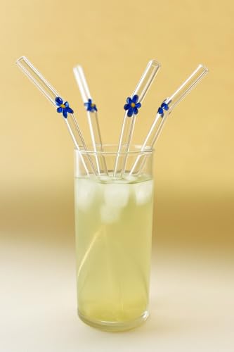 Image of THE Empty Space Set of 4 Reusable Glass Straws, Blue Colored Flower Straws with Gift Packaging for Smoothies, Milkshakes, Juices, Teas, Perfect for Parties & Gifts | 7 inch Height 4 PCs