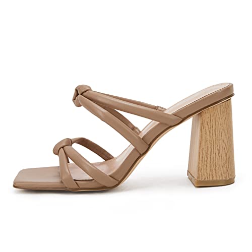 Image of LAICIGO Womens Chunky Block Heels Sandals Square Open Toe Slip on Slides | 3.5In-High Heeled Sandals, Double Knot Strap, Summer Dress Shoes, Work Casual, Vacation, Party