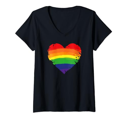 Damen Bisexual Gay Queer Trans LGBTQ Rainbow Heart Regenbogen Herz T-Shirt mit V-Ausschnitt