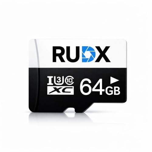 Image of RUDX 64GB microSDXC Memory Card - Class 10, U3, V30 for CCTV, Cameras, Smartphones, 4k Video (Card + Adapter)