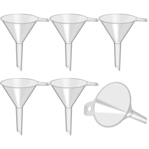 HAPYSHOOP 6 Pack Small Plastic Funnel for Filling Bottles,2.56 Inch Clear Wide Mouth Plastic Funnel for Filling Water Powder Essential Oils, Perfume,Kitchen Bath Garage Use (Long Neck)