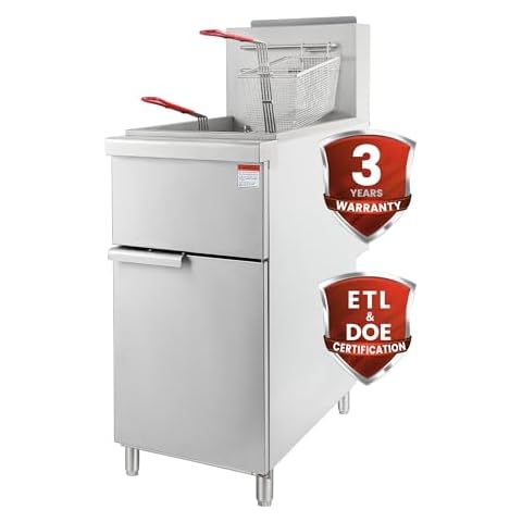 KICHKING Natural Gas Floor Fryer, 3 Tube Commercial Deep Fryer with 2 Baskets, 40 lbs Capacity, 90000 BTU, Restaurant Stainless Steel Gas Upright Fryer, Deep Floor Fryer Consistent Temp 200-400°F Cover