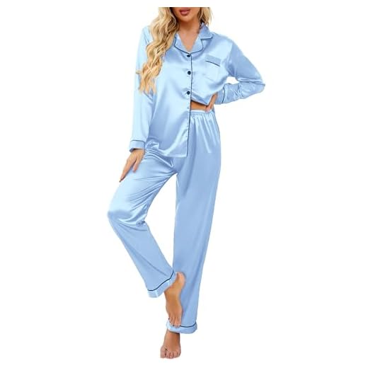 Ekouaer Women's Classic Button Down Long Satin Silk Pajama Set,Medium,Clear Blue