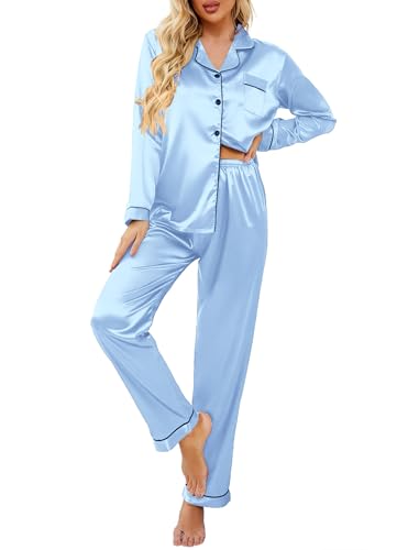Ekouaer Women's Classic Button Down Long Satin Silk Pajama Set,Small,Clear Blue