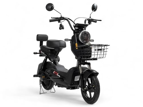ALBADER Electric Scooter 48V Electric Bike with Double Seats Manual Pedals Front Basket 350W Motor 14 Inch LED Lights Dual Suspension Adult Commuter E Scooter Electric Kick Scooter (Black)
