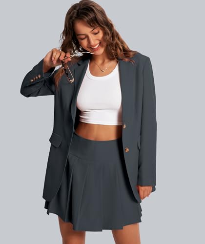 2 Piece Skirt Outfits for Women Business Casual Blazer Set Mini Pleated A-Line Skort Notched Collar Jacket Fall Matching Suit Dark Grey L3