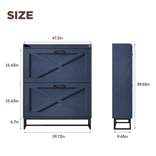 Image of Maupvit Shoe Storage Cabinet with 2 Flip Drawers, Freestanding Shoe Organizer with Metal Legs for Entryway, Narrow Shoe Rack Cabinet, Blue