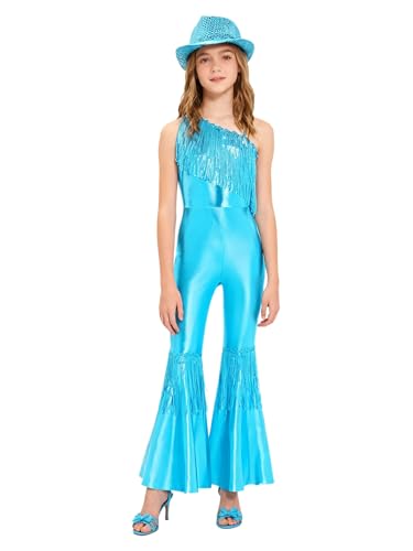 Costume discothèque hippie Yhong pour fille de 9-10 ans avec pantalon évasé bleu ciel