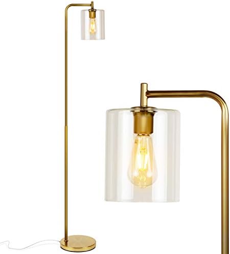 Brightech Elizabeth LED Floor lamp, Tall Lamp with Glass Shade & Edison Bulb, Industrial Lamp for Living Rooms & Offices, Vintage Standing Lamp for Bedroom in Farmhouse or Rustic Style - Gold