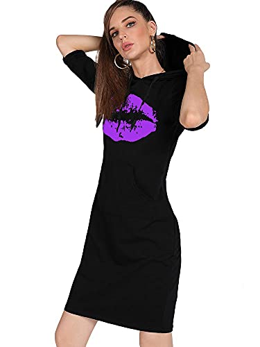 Magicmk Women Long Sleeve Print Lips Slim Fitted Knee Length Sweatshirt With Pocket Casual Pullover Hoodie Dress (Hblack+Purple, M) #TOP5