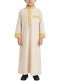 OBEEII Boy's Muslim Arab Solid Color Thobe Long Sleeve Kaftan Embroidered Robe Islamic Eid Ramadan Arabic...