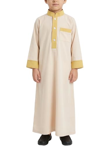 Image of OBEEII Boy's Muslim Arab Solid Color Thobe Long Sleeve Kaftan Embroidered Robe Islamic Arabic Abaya Thobe