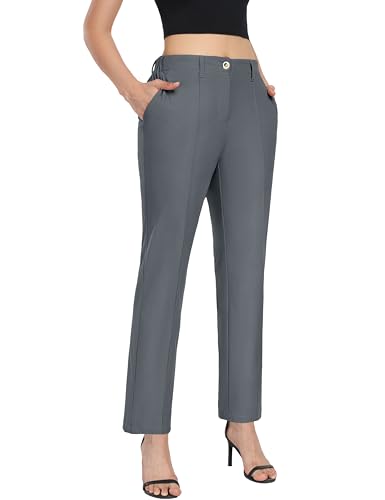 Little Donkey Andy Women's Stretchy Straight Leg Dress Pants Business Casual Elastic Waist Cropped Work Pants with Pockets Grey XS