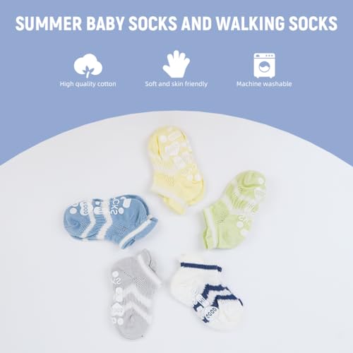 Image of SNOWIE SOFT 5 Pairs Baby Socks Set, Antislip Socks for New Born Baby 0-3 Years, Non Slip Grip Ankle Socks with Non Skid Soles for Infants Baby Shower Gifts