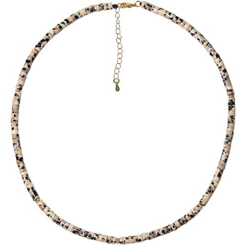 Xfoxstal Surfer Heishi Bead Choker Necklace 4mm Small Flat Round Stones Necklaces for Women Men Wealth Prosperity Good Luck Boho Beach Jewelry (Dalmatian Jasper)