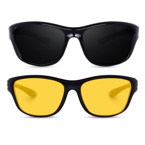 Image of Sports Sunglasses COMBO, UV Protected Wraparound Design, 2 Pack with Night Driving Yellow Lens and Black Sport Lens