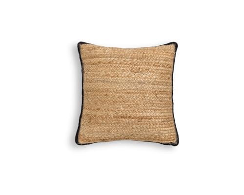 Image of SARVAA Natural Braided Jute Cushion Cover 18 x 18 inch with Black Border – Handmade Boho Decorative Pillow Cover, Rustic Farmhouse Accent Cushion for Sofa, Bed & Living Room