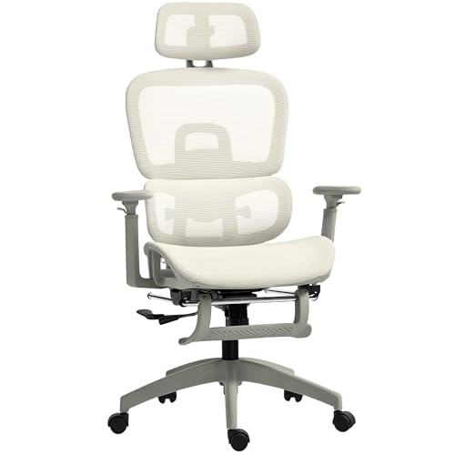 HOMCOM Ergonomischer Bürostuhl aus Netzstoff, neigbar, 3D-Armlehnen, verstellbare Kopfstütze, hohe Rückenlehne, Lendenwirbelstütze, Fußstütze, drehbare Arbeit für Computer, Beige