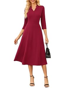 GRACE KARIN Damen A-Linie 3/4 Ärmel Arbeitkleid V-Ausschnitt Midi Freizeitkleid Dunkelrot XL