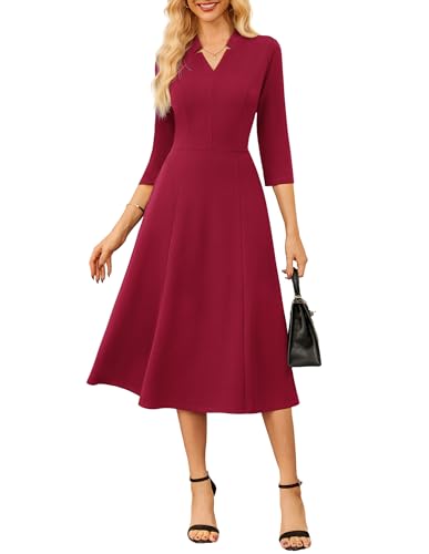 GRACE KARIN Damen V-Ausschnitt Midikleid Elegant 3/4 &Auml;rmel A-Linie Cocktailkleid Dunkelrot M